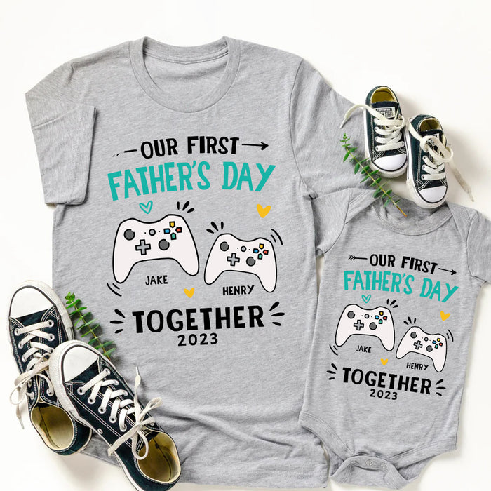 Personalized Matching T-Shirt & Baby Onesie Our First Father's Day Together Video Game Custom Name Daddy & Baby Set