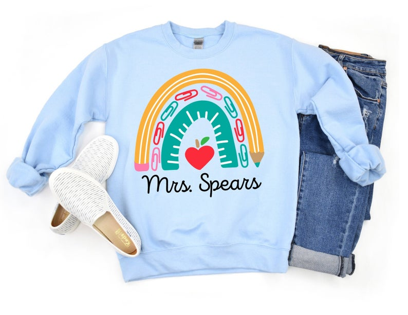 Personalized Sweatshirt For Teacher Color Rainbow Pencil Apple Heart Printed Custom Name Back To School Outfit