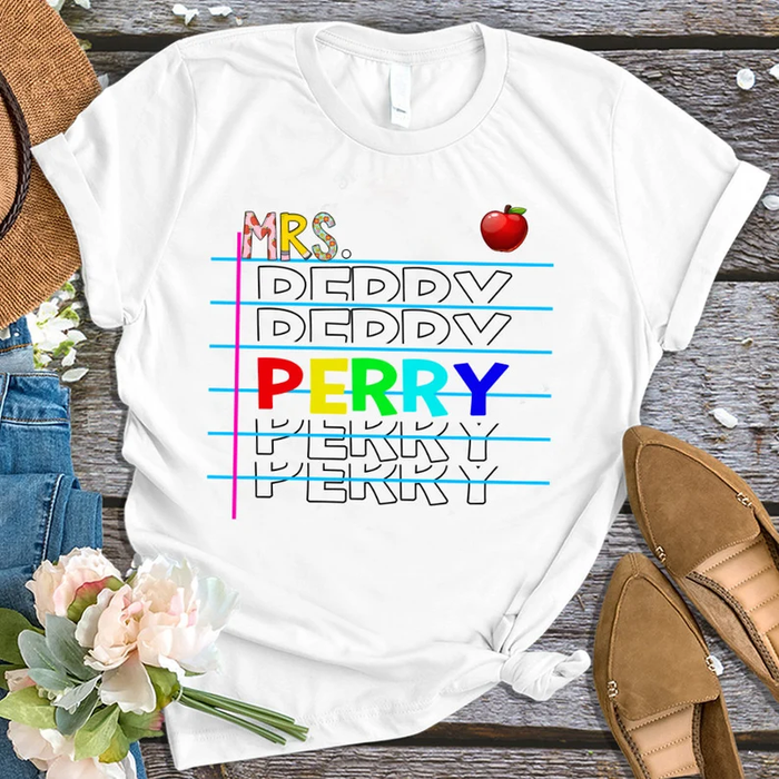 Personalized Unisex T-Shirt For Teachers Apple Print Colorful Design Custom Name Back To School Outfit