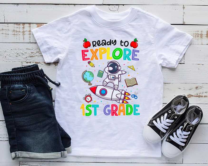 Personalized T-Shirt For Kid Ready To Explore Astronaut & Space Ship Print Custom Name Back To School Outfit
