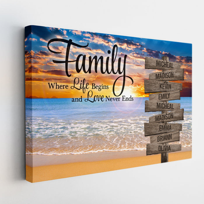Personalized Canvas Wall Art Gifts For Family Sunset Beach Signs Love Never Ends  Custom Name Poster Prints Wall Decor