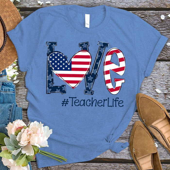 Personalized T-Shirt For Teacher Love Teacher Life Patriotic USA Heart Custom Hashtag Shirt Gifts For Back To School