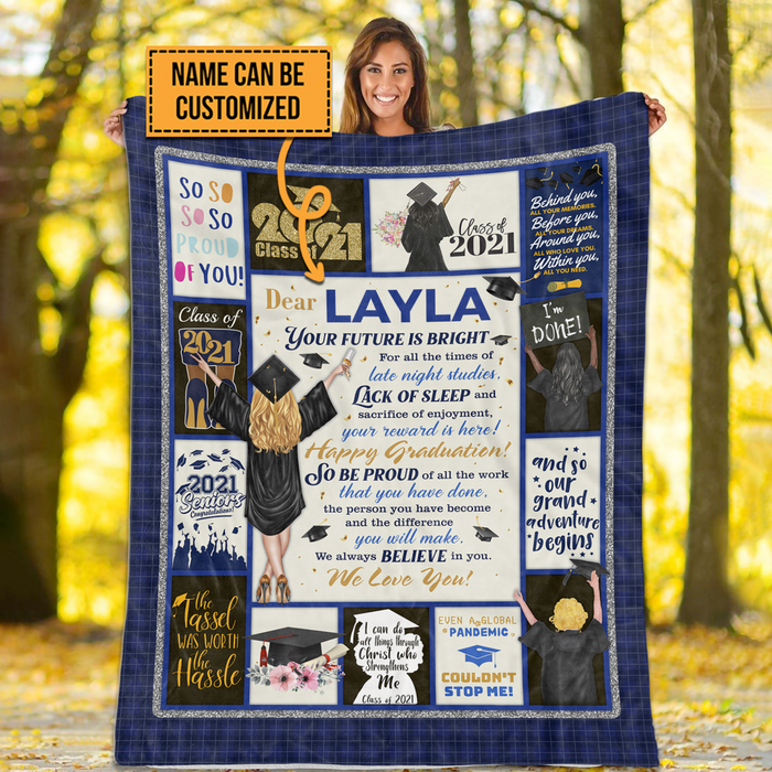 Personalized Graduation Blanket For Women Your Future Is Bright Girl With Bachelor Hat Printed Custom Name Class Of 2022