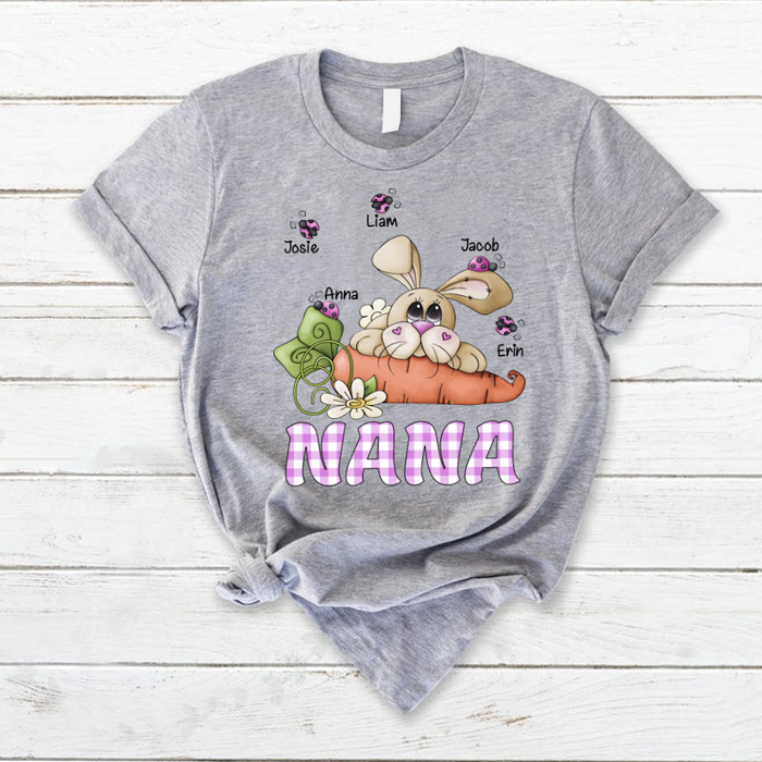 Personalized T-Shirt For Grandma Nana Bunny With Carrot & Bugs Printed Custom Grandkids Name Happy Easter Day Shirt