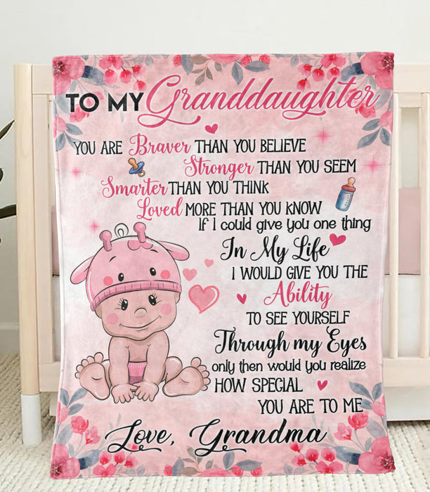 Personalized To My Granddaughter From Grandma Lovely Baby & Beautiful Flower Printed Pink Background Custom Name