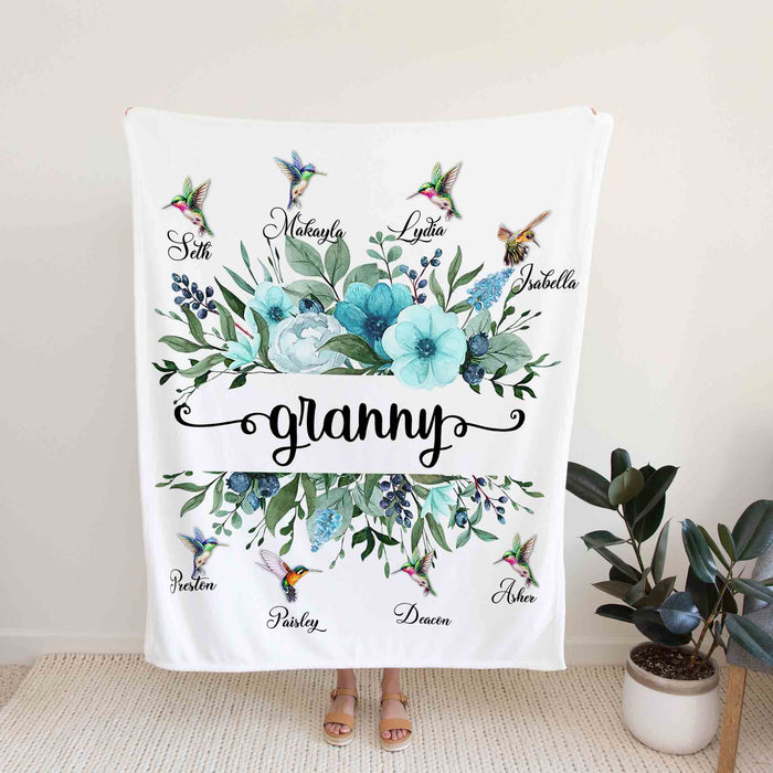 Personalized To My Grandma Blanket From Grandchild Flower Hummingbird Light Blue Florals Custom Name Gifts For Christmas