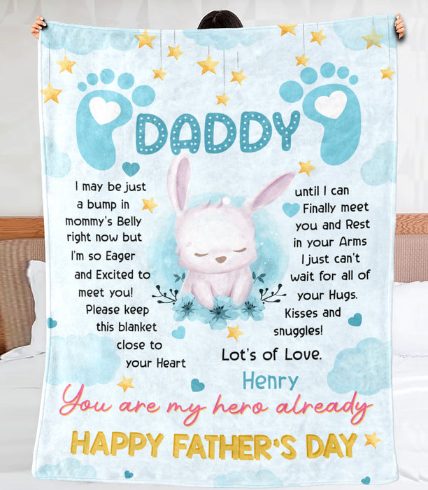 Personalized Fleece Blanket From Baby Boy To Time To Be Dad Cute Rabbit I Just Can't Wait Custom Name For Fathers Day