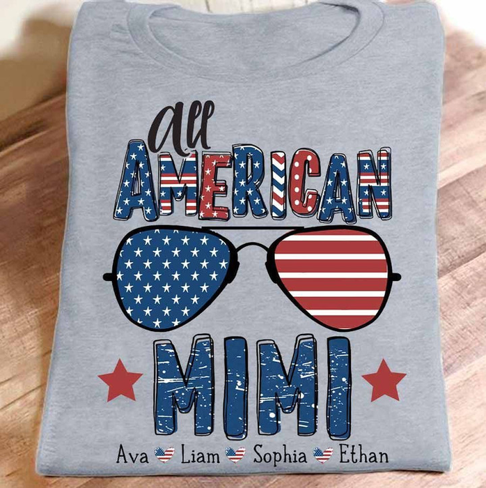 Personalized T-Shirt For Grandma USA Flag Design Sunglass Printed Custom Grandkids Name 4th July Day Shirt