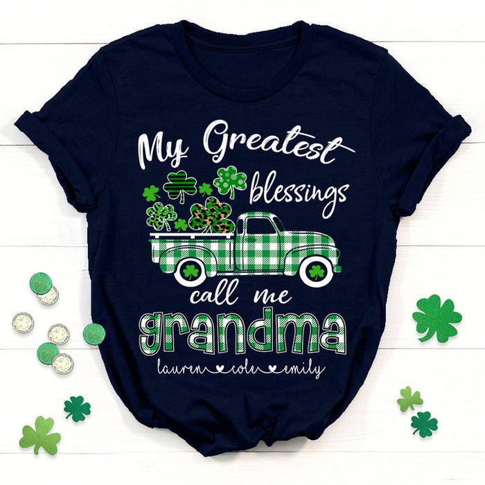 Personalized T-Shirt My Greatest Blessings Call Me Grandma Plaid Shamrock Truck Printed Custom Grandkids Name