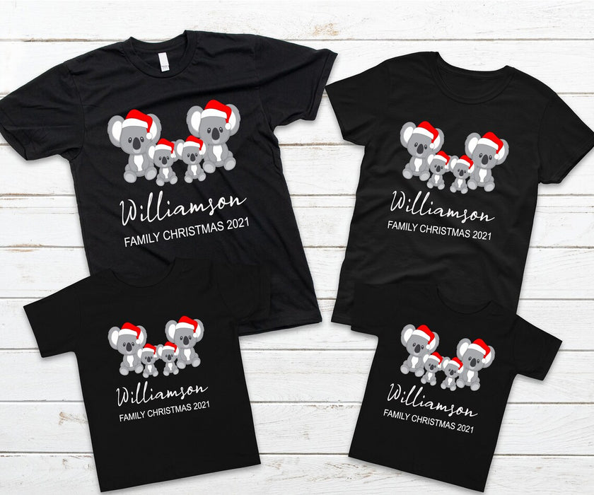 Personalized Matching Shirt For Family Cute Koala With Santa Hat Printed Family Christmas 2021 Custom Family Name & Year