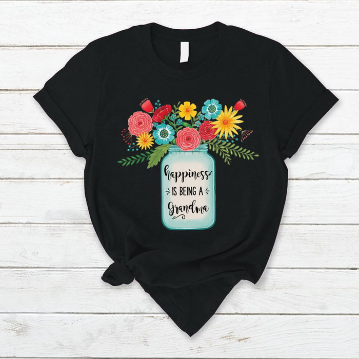 Personalized T-Shirt Happiness Is Being A Grandma Vase Of Colorful Flower Printed Mothers Day Shirt