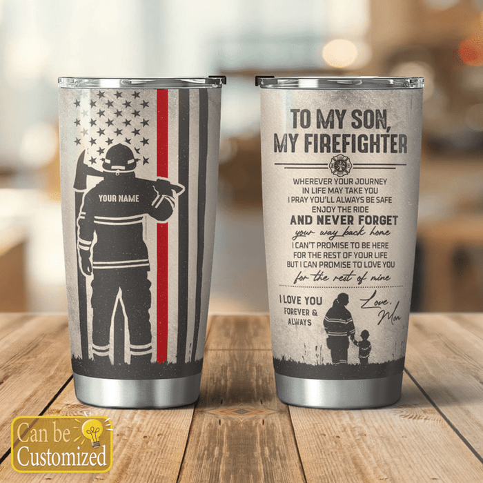 Personalized To My Son Tumbler From Parents Firefighter American Flag Vintage Custom Name Travel Cup Gifts For Birthday