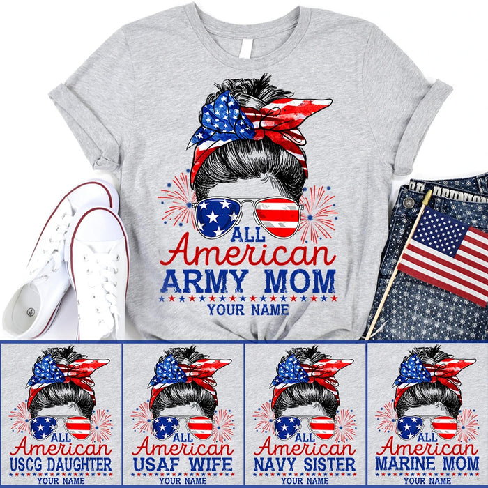 Personalized T-Shirt For Women American Army Mom Messy Bun Hair US Flag Art Printed Custom Title & Name Patriotic Shirt