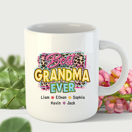 Personalized Black Mug Best Grandma Ever Leopard Design Star Print Custom Grandkids Name 11 15oz Summer Cup