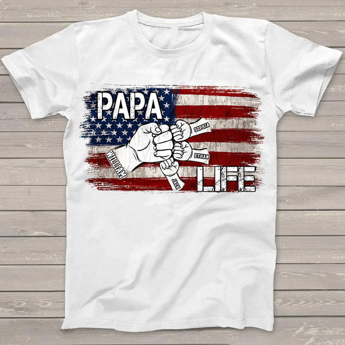 Personalized T-Shirt For Grandpa Papa Life Vintage USA Flag Design Fist Bump Custom Grandkids Name 4th Of July Shirt