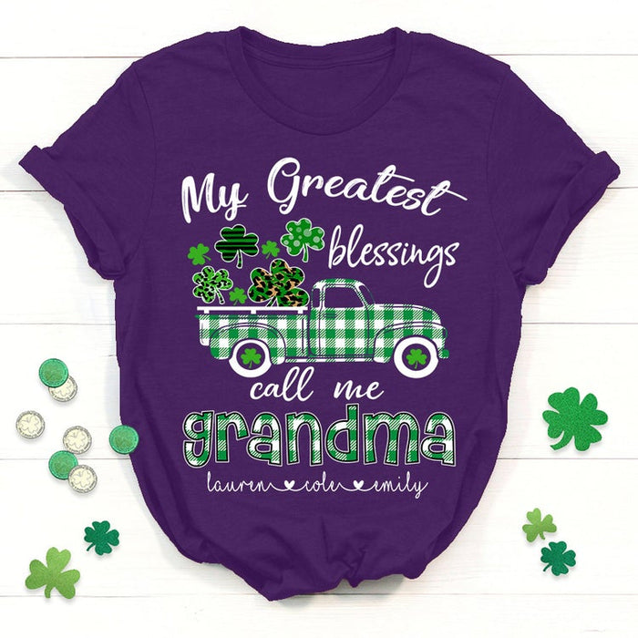 Personalized T-Shirt My Greatest Blessings Call Me Grandma Plaid Shamrock Truck Printed Custom Grandkids Name