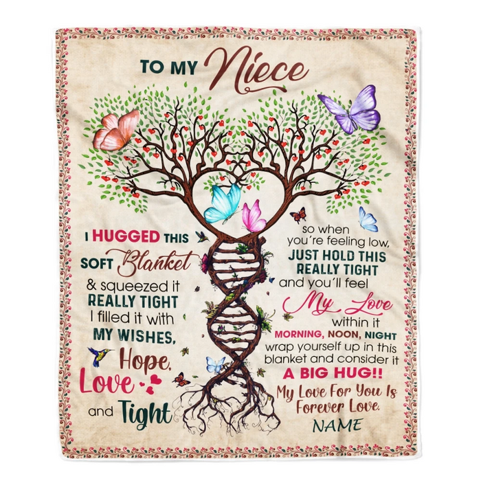 Personalized To My Niece Blanket From Aunt Uncle I Hugged This Soft Blanket DNA Tree & Colorful Butterfly Printed
