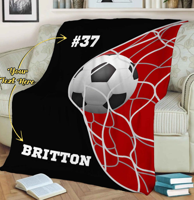 Personalized Blanket For Son Dad Men Soccer Lovers Black & Red Background Design Custom Name & Number