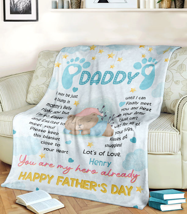 Personalized Fleece Sherpa Blanket From Baby Boy To New Daddy Cute Bear I Just Can't Wait Custom Name For Fathers Day