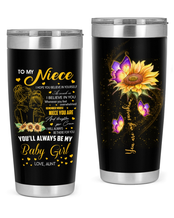 Personalized To My Niece Tumbler From Aunt Hugging Sunflowers Butterflies Custom Name Travel Cup Gifts For Christmas