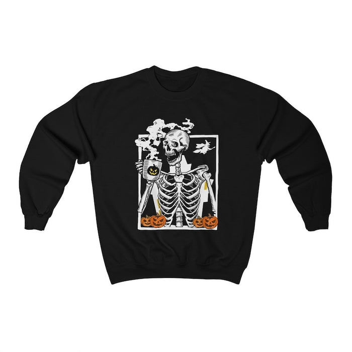 Classic Sweatshirt For Halloween Skeleton With Hot Coffee Printed Flying Witch And Pumpkin Lantern Funny Skull Shirt