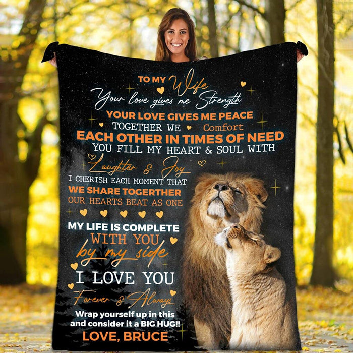 Personalized To My Wife Blanket From Husband Your Love Gives Strength & Peace Lion Couple In Forest Printed