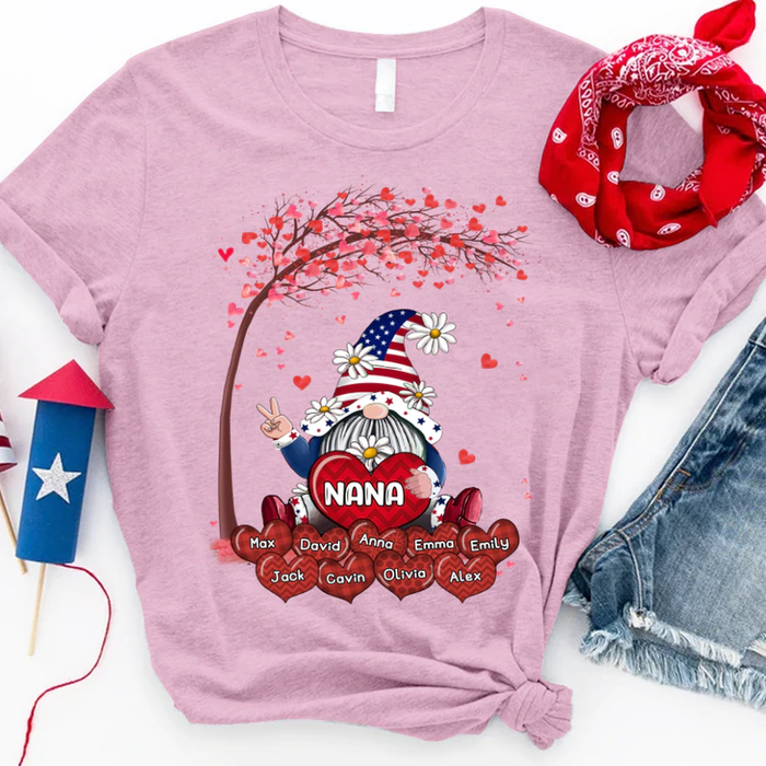 Personalized T-Shirt For Grandma Gnome & Tree With Tree Print USA Flag Design Custom Grandkids Name 4th Of July Shirt