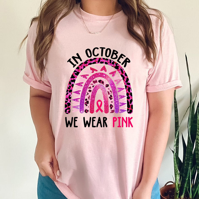Classic T-Shirt For Breast Cancer Awareness Leopard Rainbow With Ribbon Printed In October We Wear Pink Boho