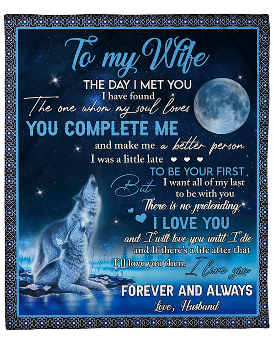 Personalized Blanket To My Wife From Husband You Complete Me Wolf Couple Print Galaxy Background Custom Name