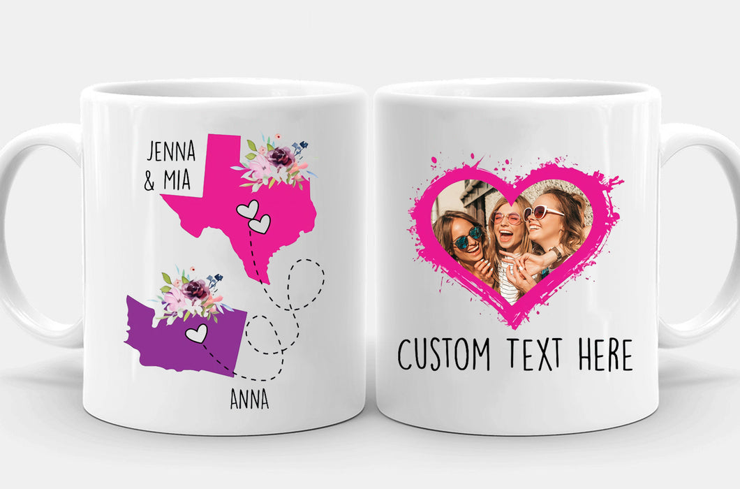Personalized Coffee Mug For Besties Family Floral Heart Shaped State To State Custom Name Photo Cup Long Distance Gifts