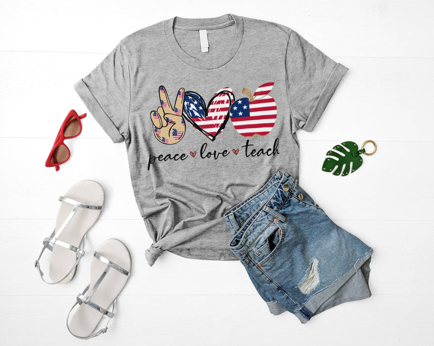 Classic Unisex T-Shirt For Teacher Peace Love Teach American Heart US Flag Printed Back To School Outfit