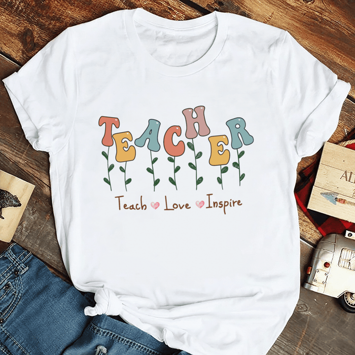 Personalized T-Shirt For Teachers Teach Love Inspire Colorful Design Custom Name Back To School Outfit