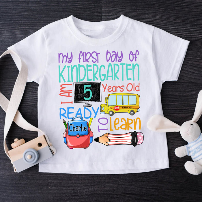 Personalized T-Shirt For Kids My First Day Of Kindergarten Pencil & Backpack Print Custom Name Back To School Outfit