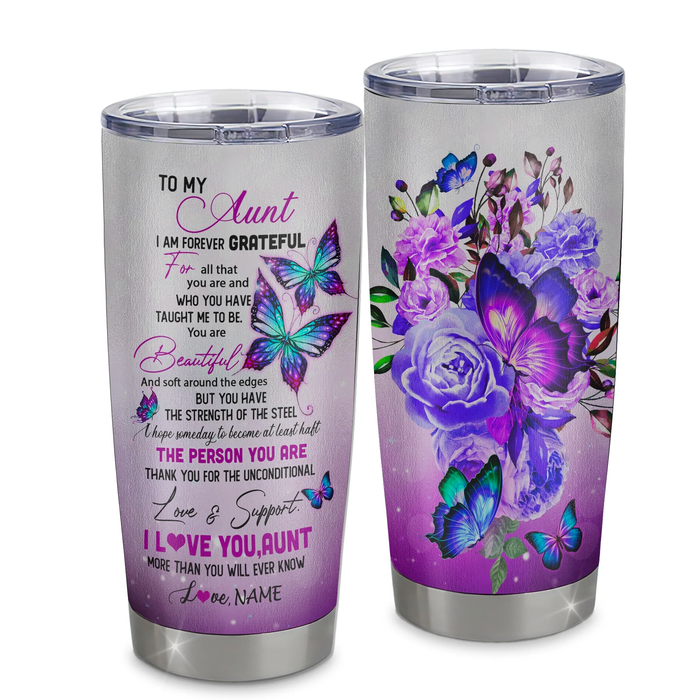 Personalized Tumbler Gifts For Aunt From Niece Nephew The Strength Of The Steel Butterflies Custom Name Travel Cup 20oz