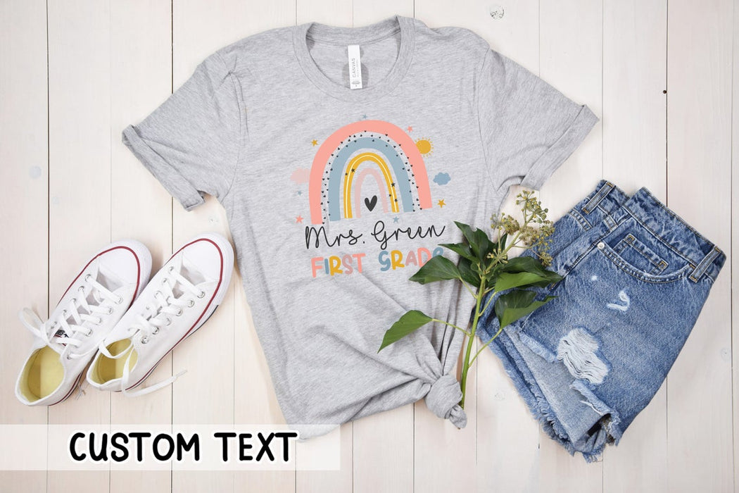 Personalized T-Shirt For Teacher Boho Rainbow Heart First Grade Custom Name & Grade Level Back To School Outfit