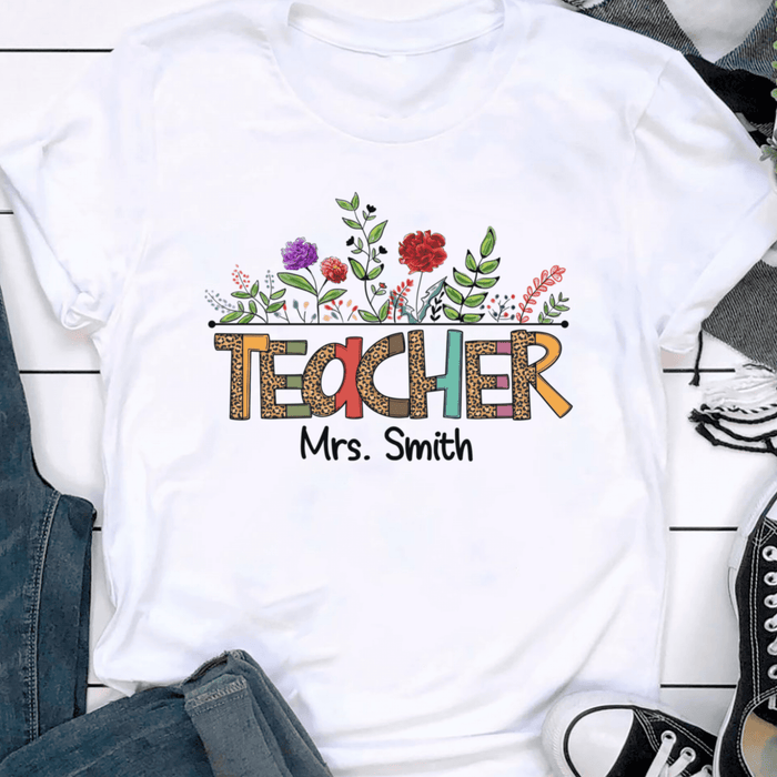 Personalized T-Shirt For Teacher Mrs. Smith Colorful Leopard With Flower Design Custom Name Back To School Outfit