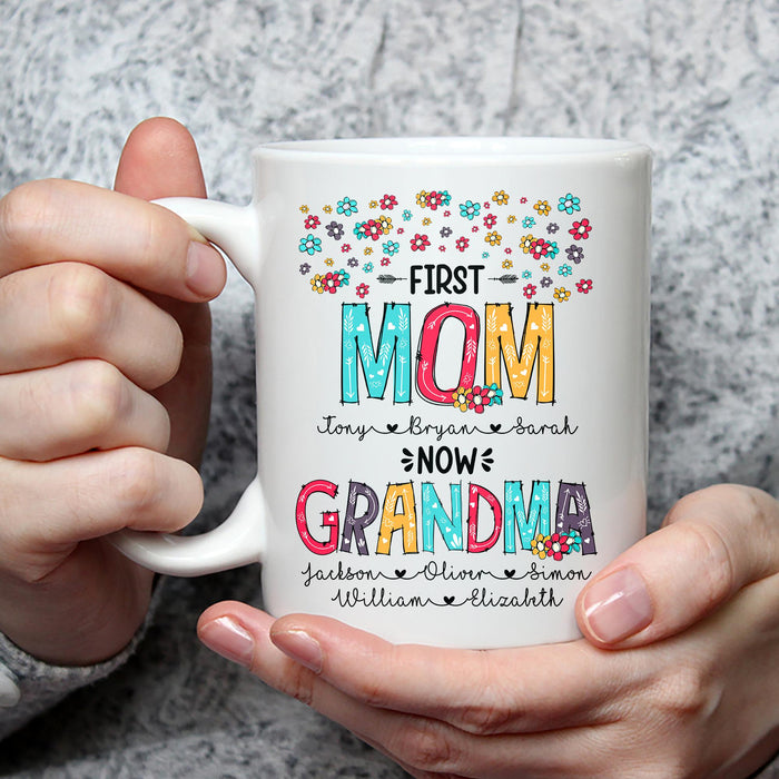 Personalized Coffee Mug First Mom Now Grandma Flower & Arrow Printed Custom Kids & Grandkids Name 11Oz 15Oz Mug