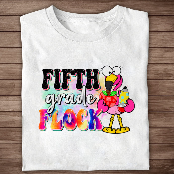 Personalized T-Shirt For Teachers Fifth Grade Flock Colorful Design Flamingo Print Custom Name Back To School Outfit