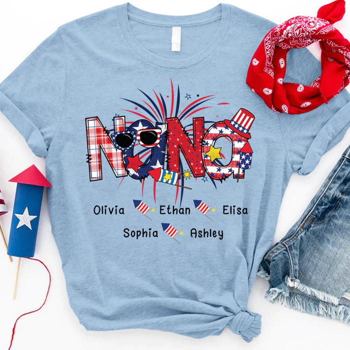 Personalized T-Shirt For Grandma Fireworks & Sunglasses Print USA Flag Design Custom Grandkids Name 4th Of July Shirt