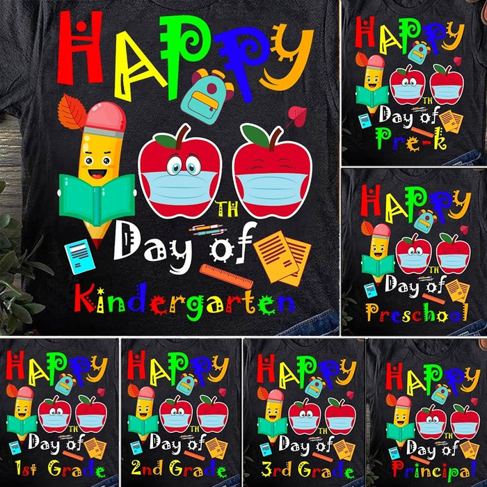 Personalized T-Shirt For Teacher Happy 100th Day Of Kindergarten Custom Grade Level Cute Pencil And Apple With Mask