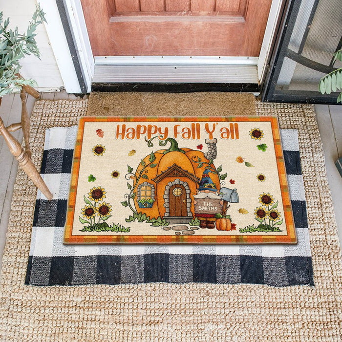 Personalized Welcome Doormat Happy Fall Y'all Cute Pumpkin House With Cute Gnome & Sunflower Printed Custom Family Name
