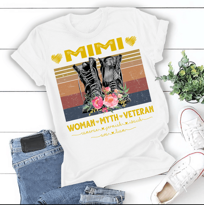 Personalized T-Shirt For Grandma Mimi Woman Myth Veteran Military Combat Boots Printed With Flower Custom Grandkids Name