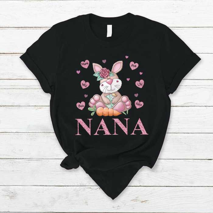 Personalized T-Shirt For Grandma Nana Bunny Flower Carrot & Heart Printed Custom Grandkids Name Happy Easter Day Shirt