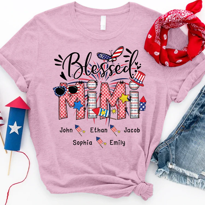 Personalized T-Shirt For Grandma Blessed Mimi USA Flag & Plaid Design Custom Grandkids Name 4th Of July Shirt