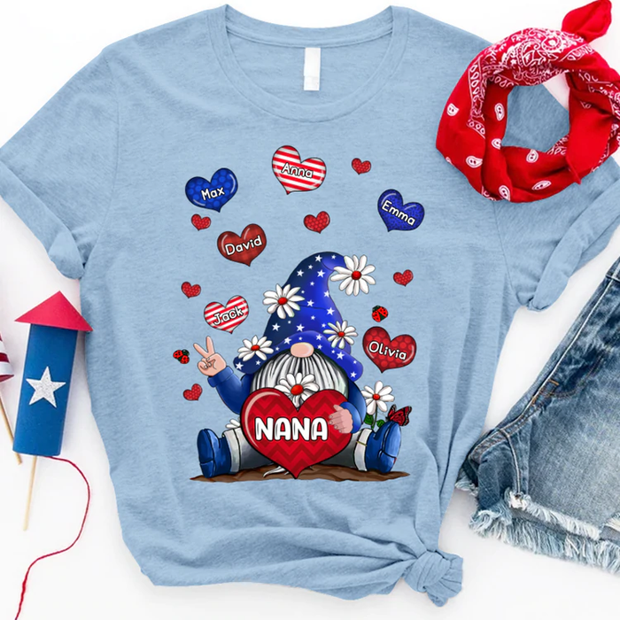 Personalized T-Shirt For Grandma Gnome Heart & Daisy Print USA Flag Design Custom Grandkids Name 4th Of July Shirt