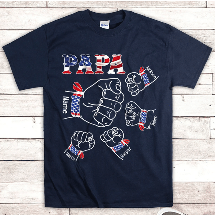Personalized T-Shirt For Grandpa Papa USA Flag Design Fist Bump Printed Custom Grandkids Name 4th July Day Shirt