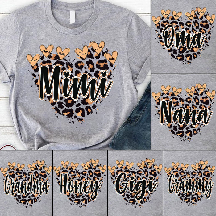 Personalized T-Shirt For Grandma Mimi Heart Leopard Design Custom Grandkids Name Mothers Day Shirt
