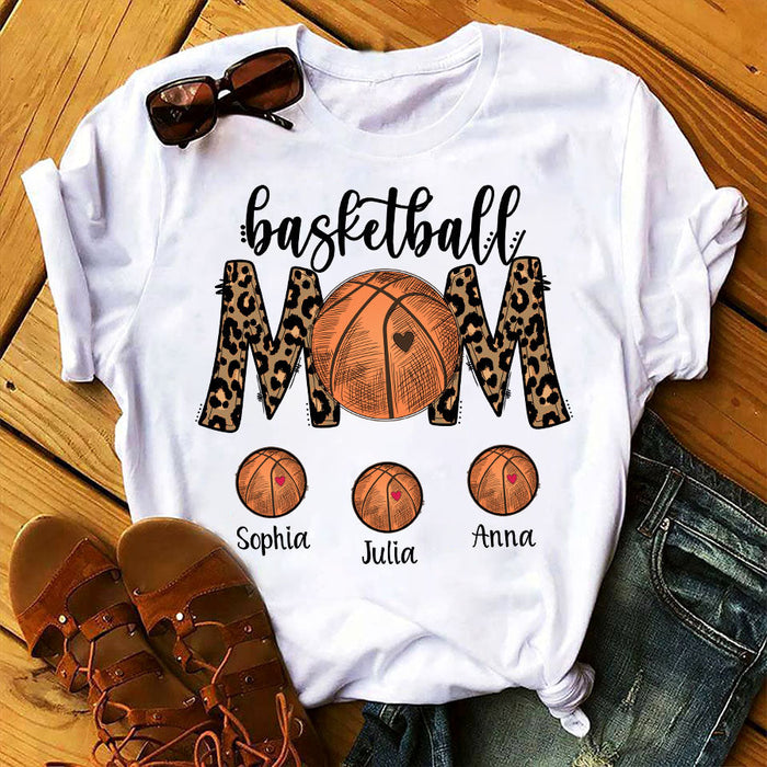 Personalized T-Shirt For Mom Basketball Mother Leopard Style With Vintage Balls Printed Custom Kids Name