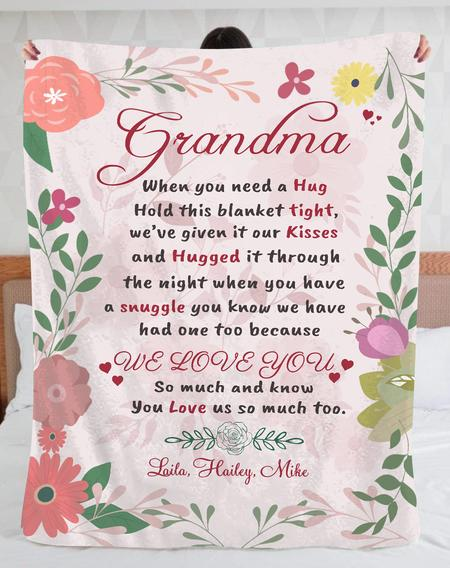 Personalized Fleece Blanket For Grandma From Grandkids We Love You So Much Flowers Frame Pink Blanket Customized