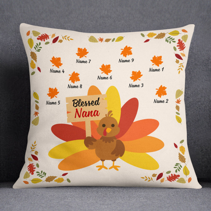 Personalized Square Pillow Gifts For Grandma Turkey Blessed Nana Fall Custom Grandkids Name Sofa Cushion For Christmas